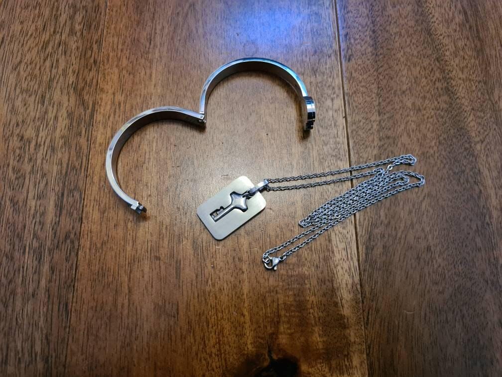 Stainless Steel Couples Bracelet Necklace Set - Locking Bracelet and Key
