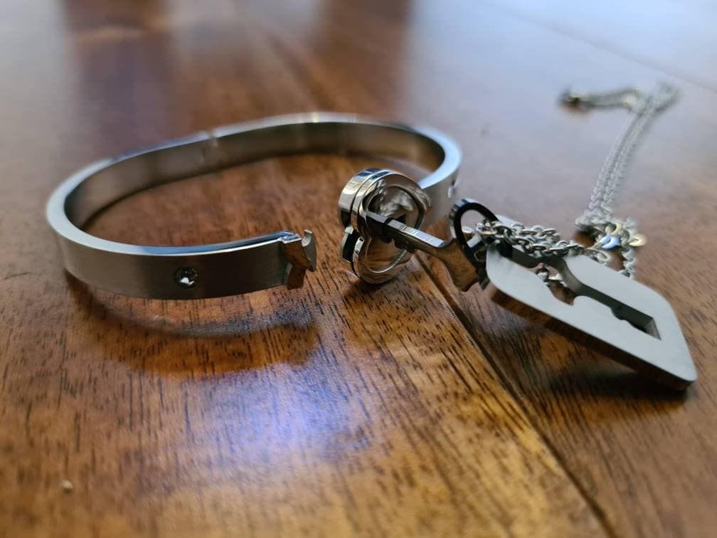 Stainless Steel Couples Bracelet Necklace Set - Locking Bracelet and Key