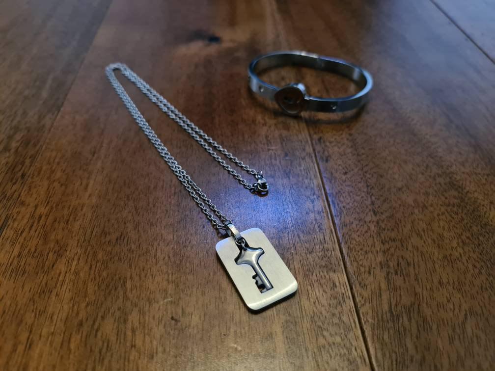 Stainless Steel Couples Bracelet Necklace Set - Locking Bracelet and Key